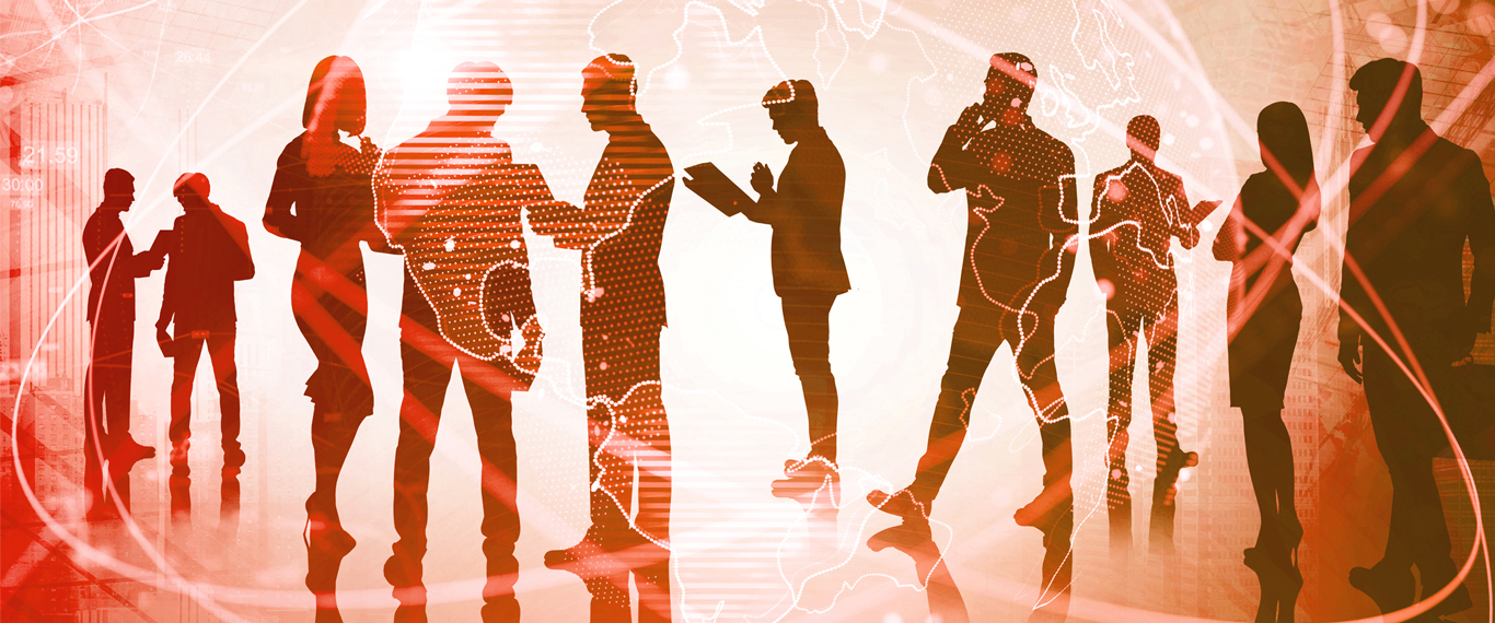 Various business people silhouetted against a digital network and data background