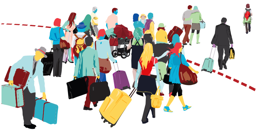 Illustration of different groups and ages of people with luggage crossing a boundary line.