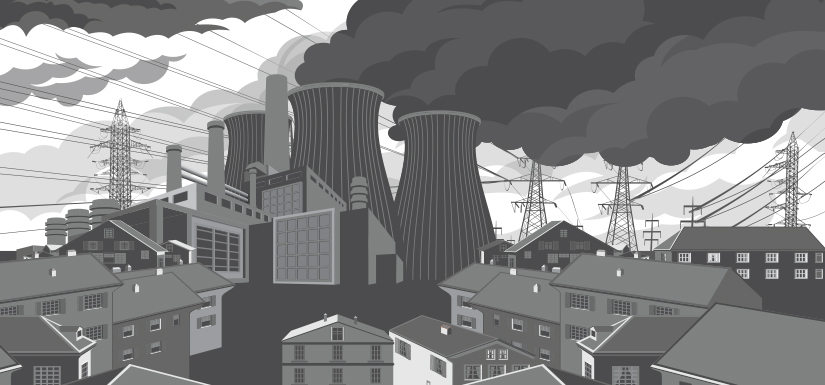 Greyscale illustration of a power plant billowing smoke over surrounding housing estates.
