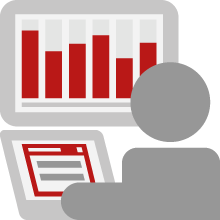 Icon of person sitting at a device showing a website with bar chart on a screen above.