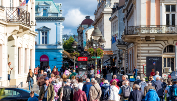 Pedestrian zone at Knez Mihailova Street crowded with people in the center of Belgrade