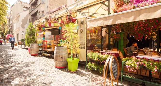 Tourists enjoy the cafes of Skandarlija, Belgrade's bohemian quarter