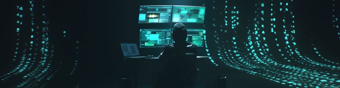 Minimalistic concept of a lone programmer surrounded by green programming codes in a dark ambient cyber space